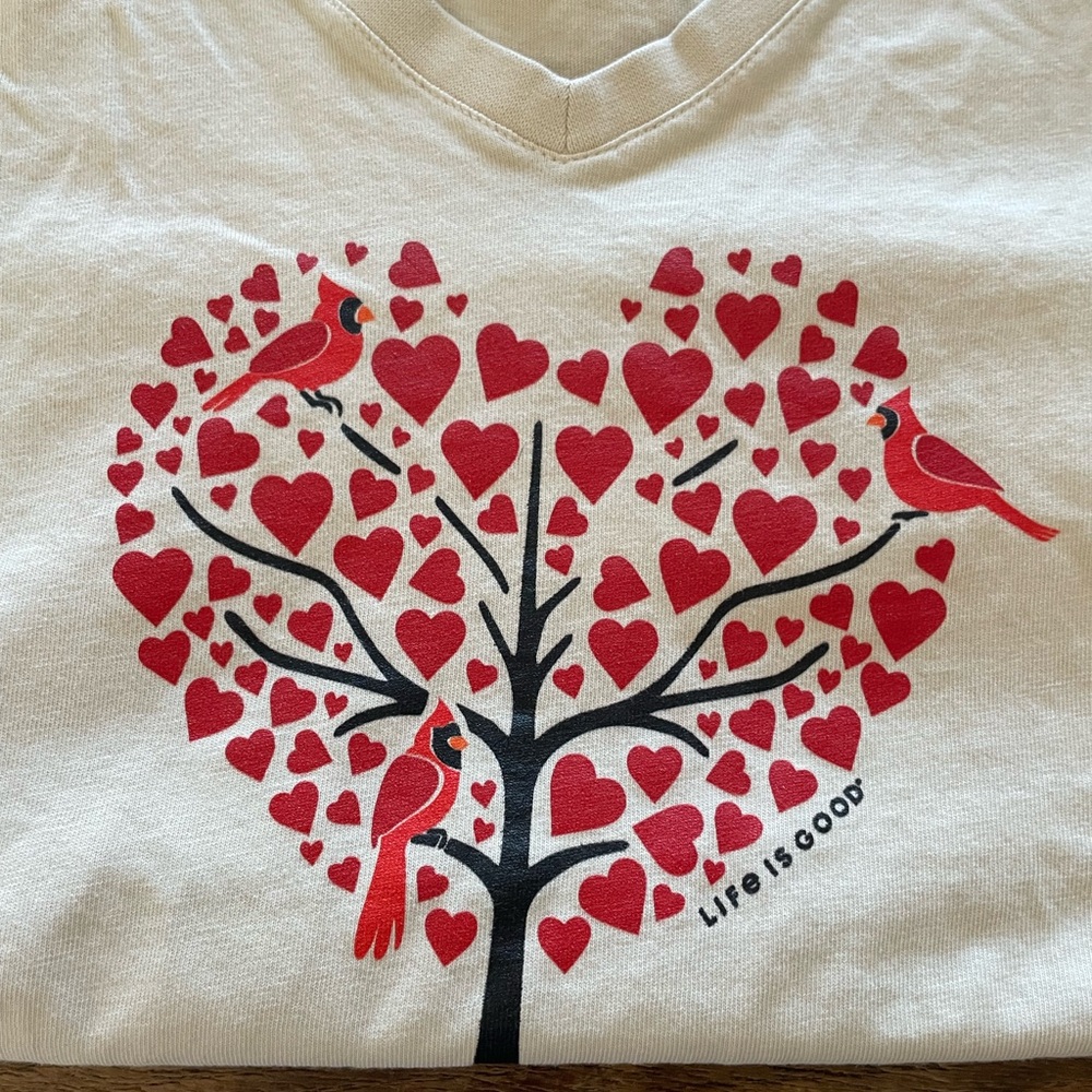 Life is Good Cream V-Neck Tee with Red Heart Tree/Cardinals Graphic (WL)